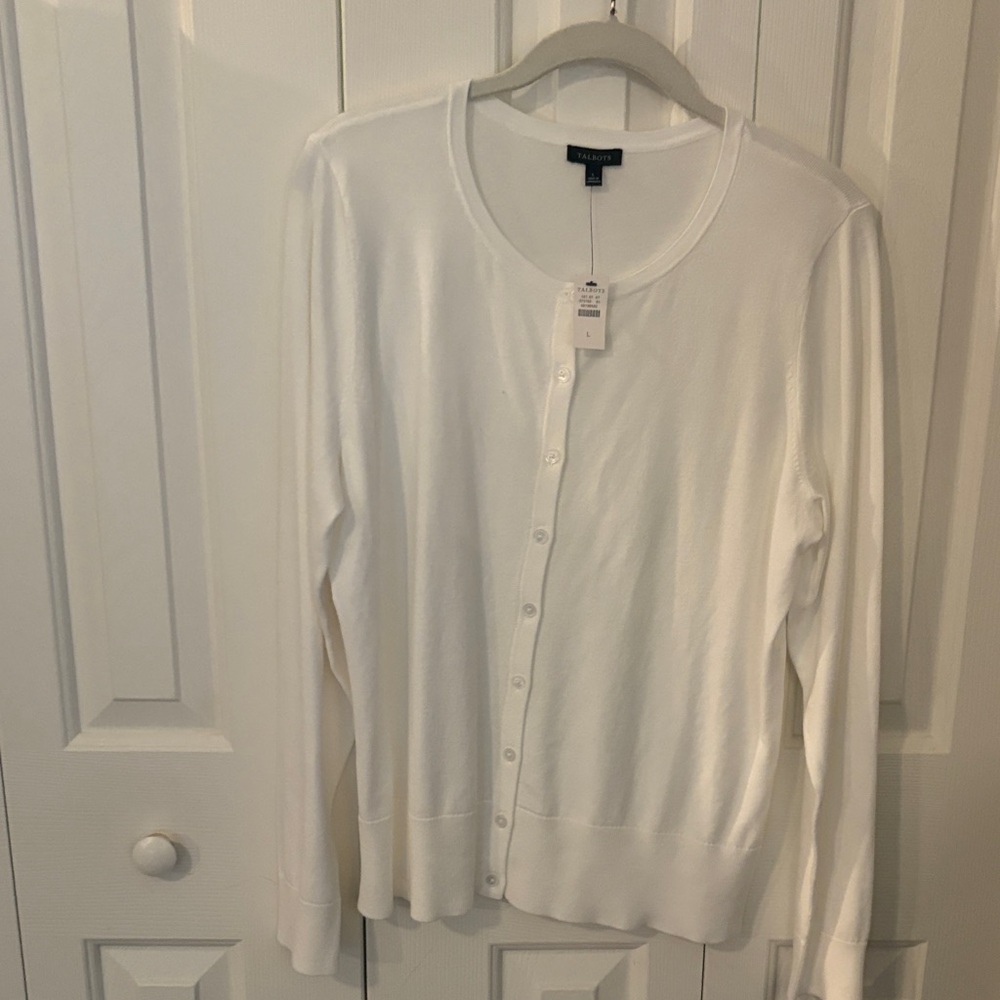 Talbots White Crewneck Button-Front Women's Cardigan New With Tags